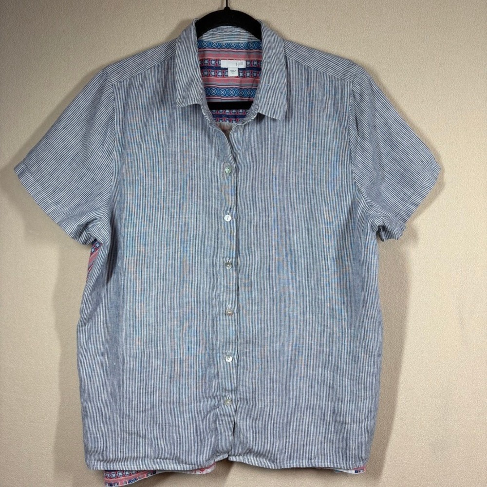 J. Jill Linen‎ Blend Womens Top Large Blue White Striped Floral Back Button Down